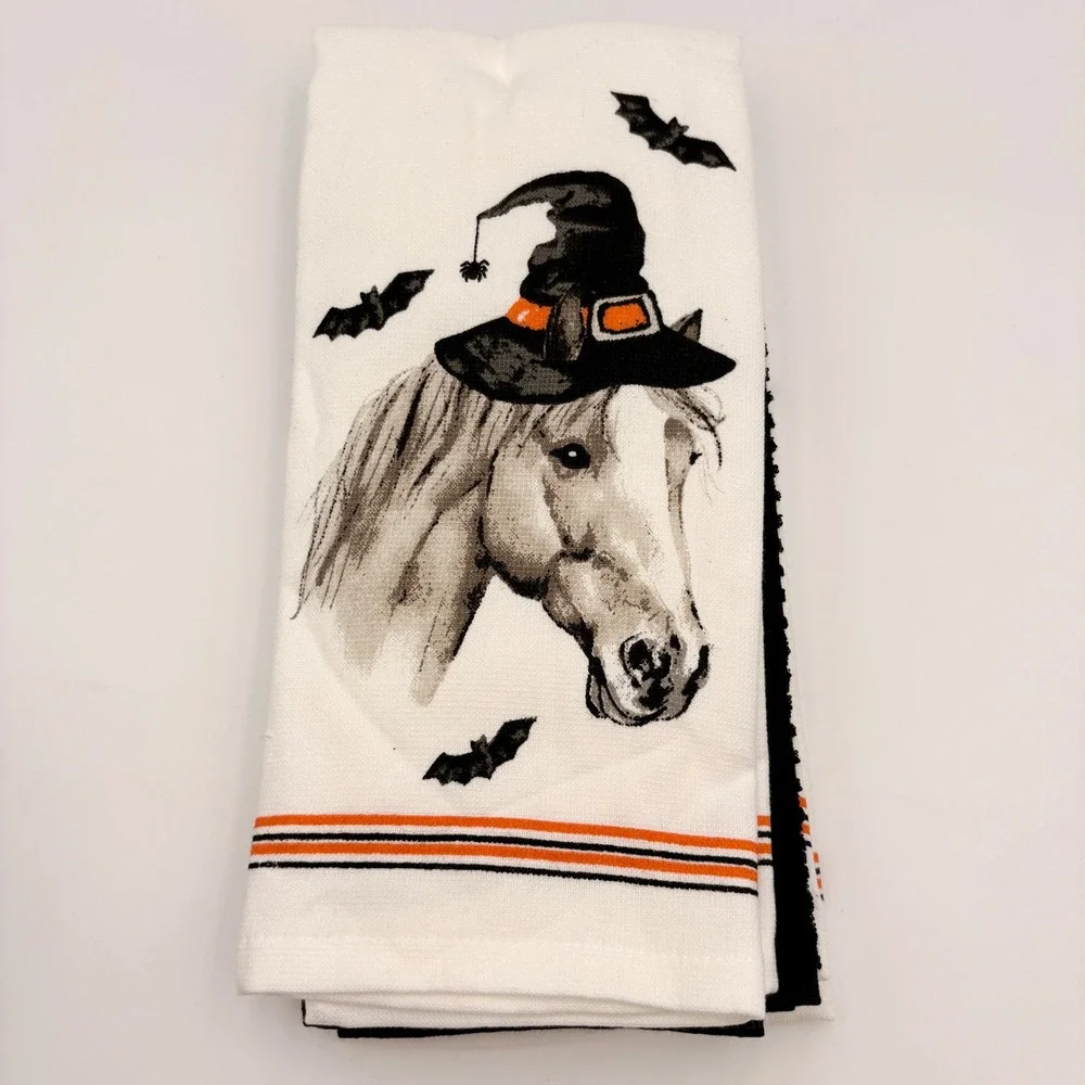 Deborah Connolly Designs Halloween Horse Witch Hat Kitchen Towel Set 2pk White